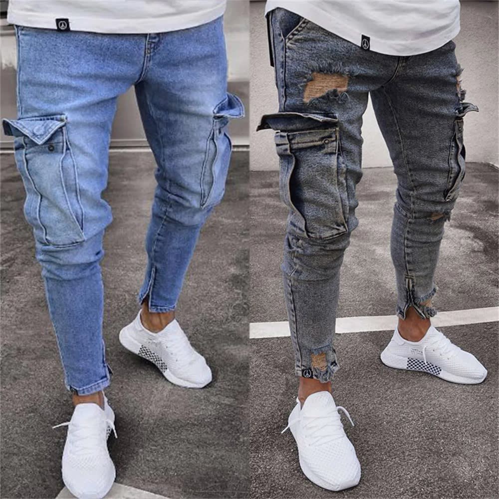 Spring Autumn Men's Casual Frayed Slim Fit Long Denim Pants